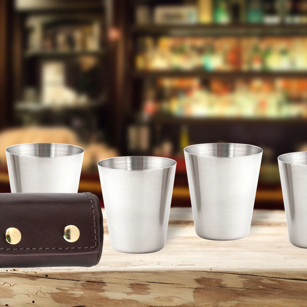 4 Shot Cups with Leather Case